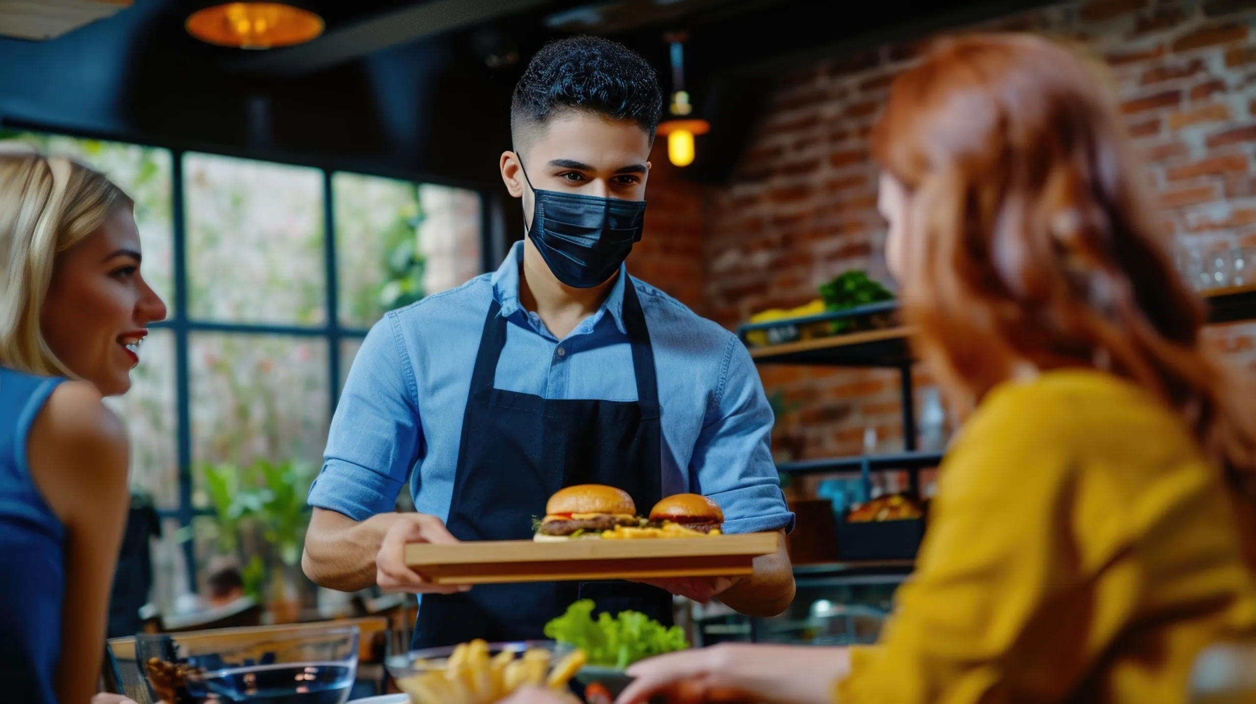 UK Quick Service Restaurant Market Set to Reach USD 48 Billion as Digital Ordering and Convenience Dining Expand waiter-wearing-protective-face-mask-is-serving-burger-fries-two-customers-restaurant-scaled