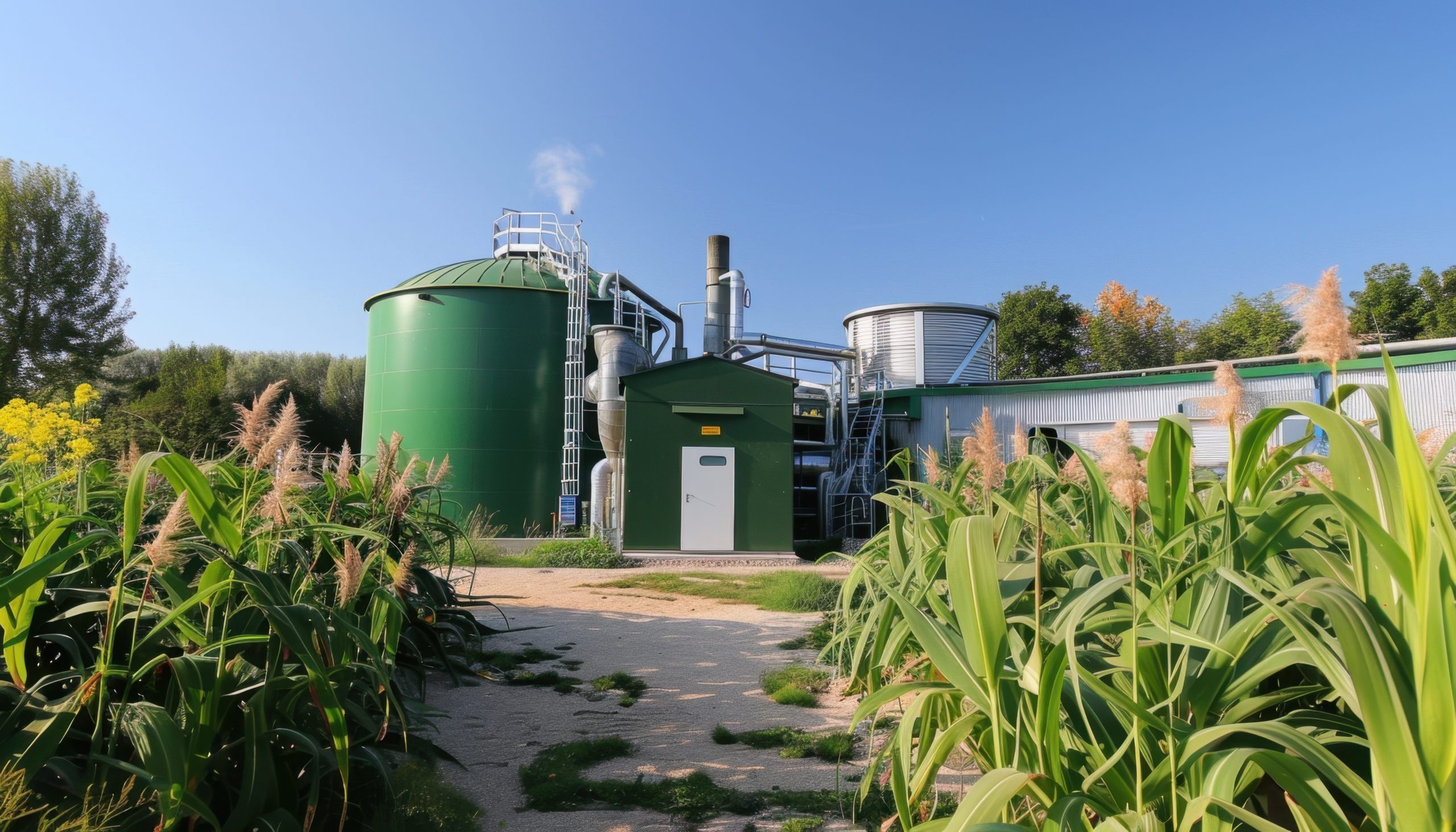 India Compressed Biogas (CBG) Market Outlook To 2035 biogas-production-facility-surrounded-by-corn-fields-clear-day-scaled