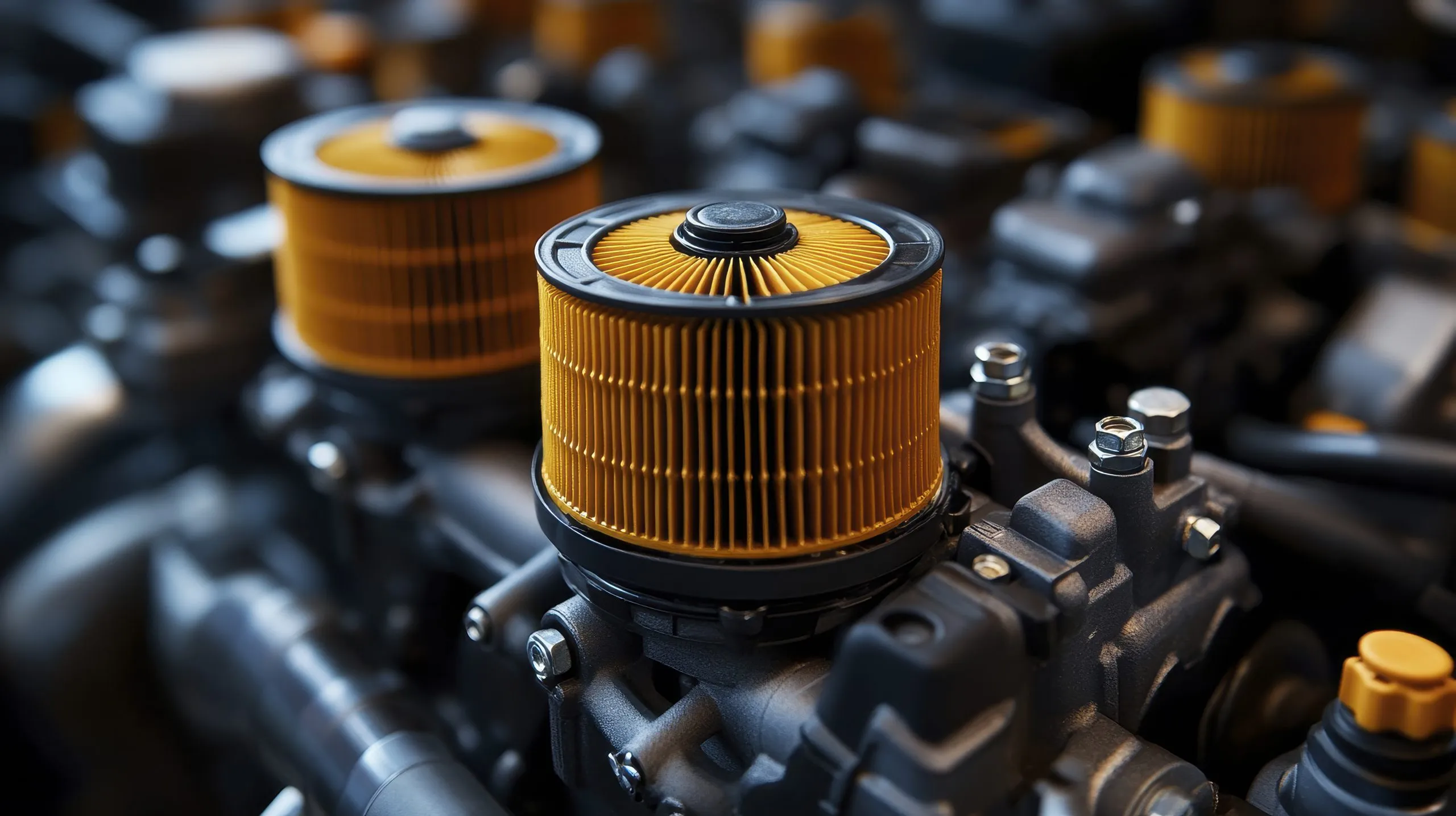 UK Automotive Filters Market Outlook to 2035 closeup-view-industrial-engine-with-yellow-air-filters-scaled