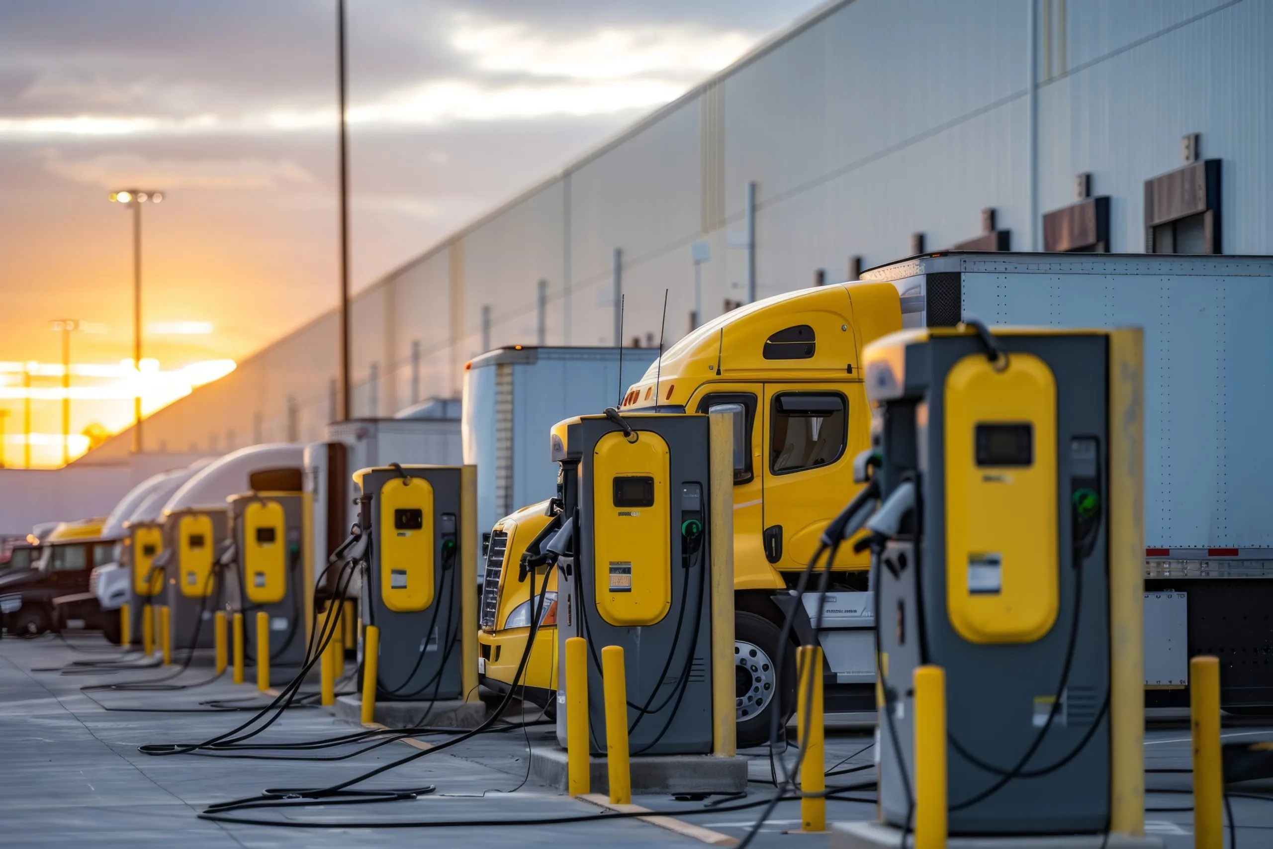UAE Petrol Genset Market Outlook to 2035 electric-trucks-charging-modern-station-sunset-this-photo-showcases-future-transportation-with-electric-vehicles-being-charged-their-journey-ai-scaled