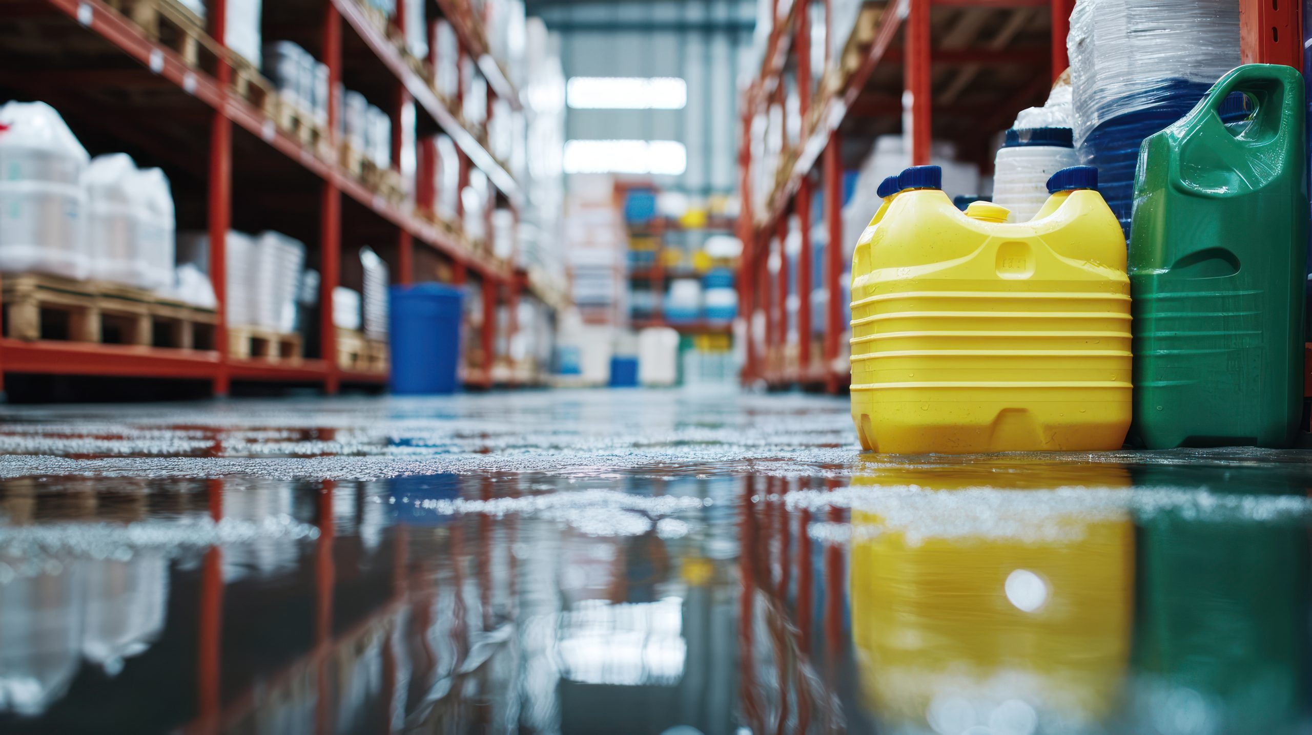 Indonesia Industrial and Institutional Cleaning Chemicals Market Outlook to 2035 large-yellow-green-plastic-container-sits-wet-concrete-floor-warehouse-aisle-scaled