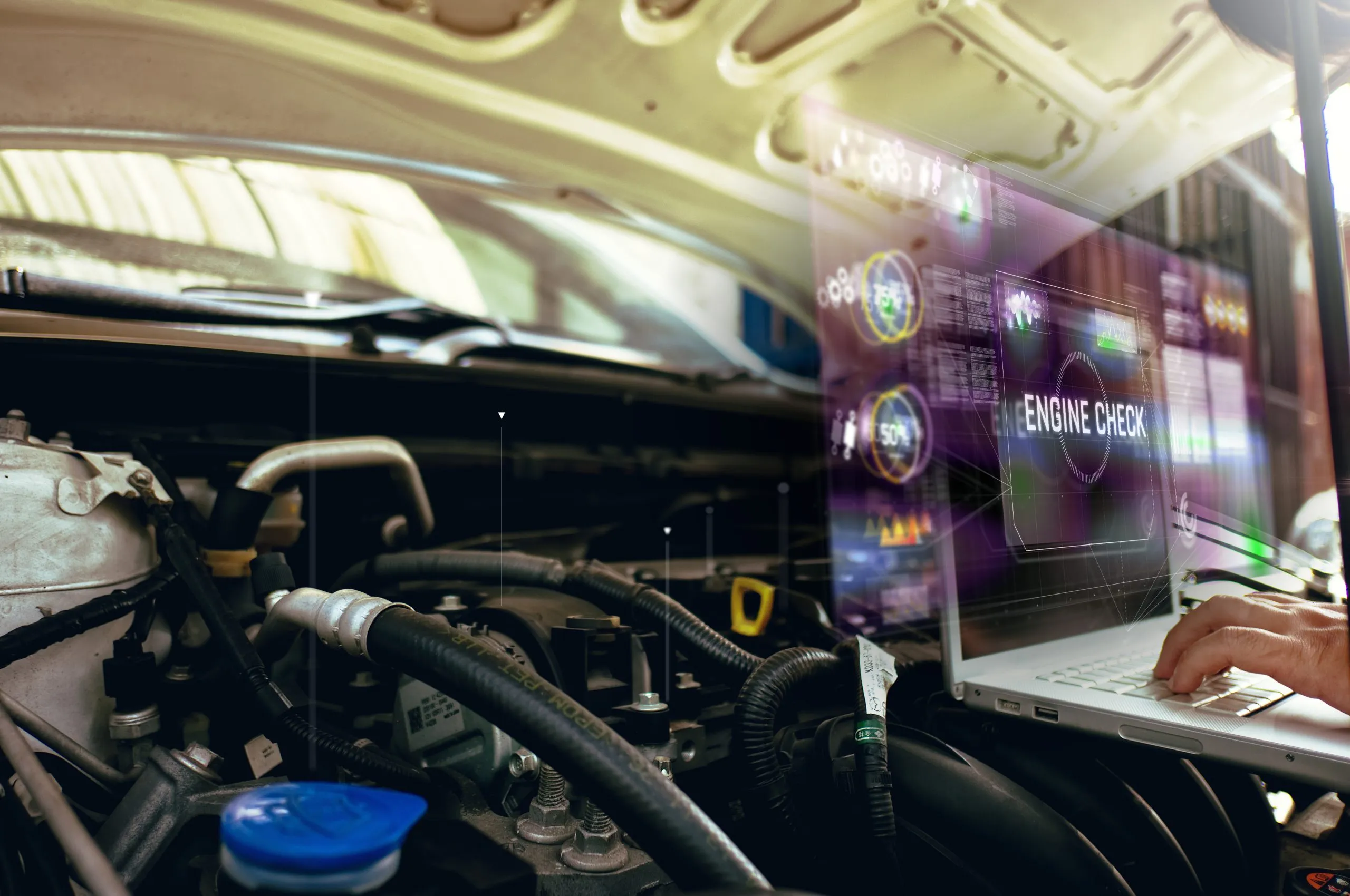 India Genset Market Outlook to 2035 man-use-laptop-analysis-his-car-engine-with-hologram-concept-engine-service-hologram-communication-network-insurance-scaled