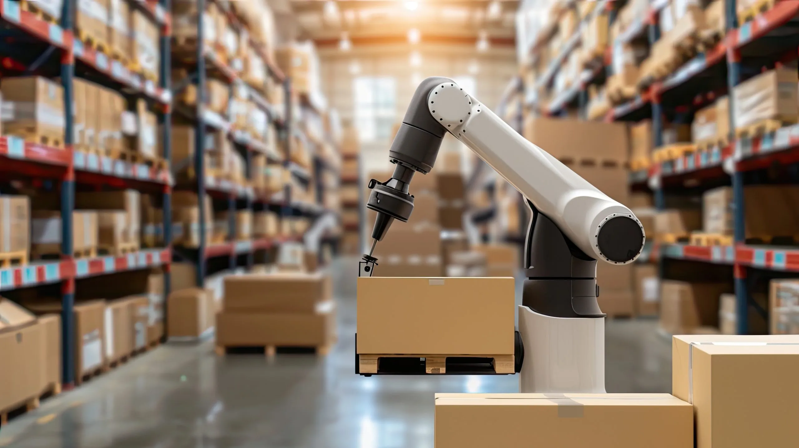 India Warehouse Robotics Market Outlook to 2035 robotic-arm-moves-box-through-warehouse-with-shelves-full-other-boxes-background-scaled