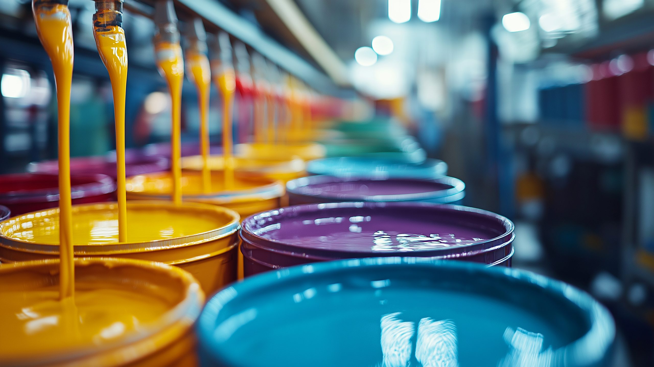 US Specialty Coatings Market Outlook to 2035 vivid-paint-pouring-from-spouts-into-vibrant-containers-workshop-bright-industrial-space-scaled