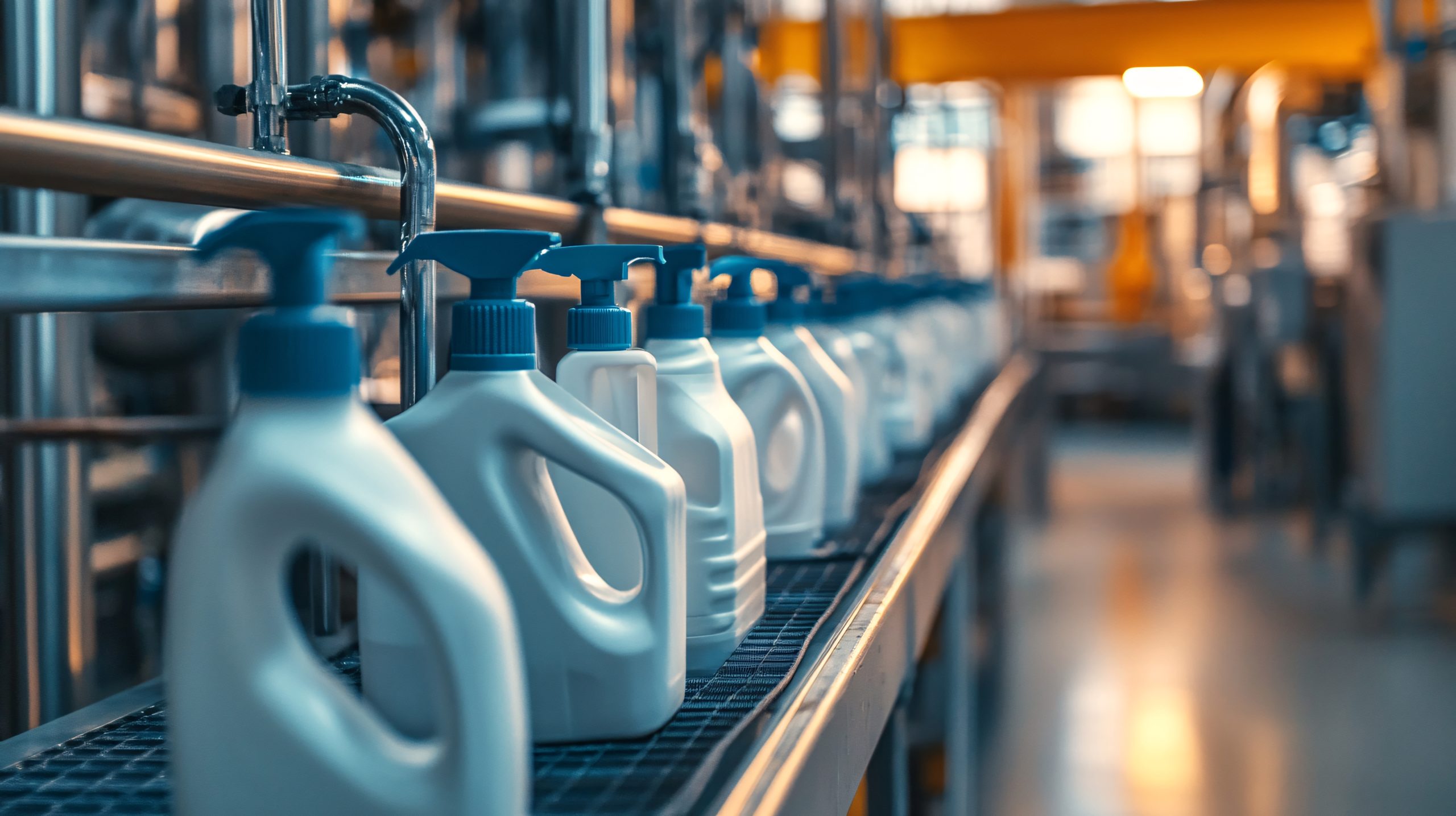 US Industrial and Institutional Cleaning Chemicals Market Outlook to 2035 white-plastic-bottles-with-blue-dispensers-moving-conveyor-belt-factory-scaled