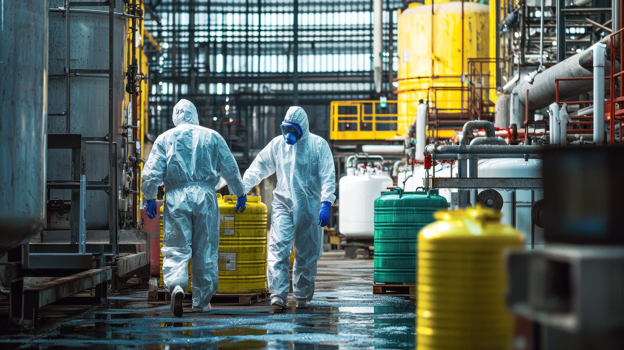 Malaysia Industrial and Institutional Cleaning Chemicals Market Outlook to 2035 workers-protective-suits-handling-chemicals-large-industrial-facility-scaled
