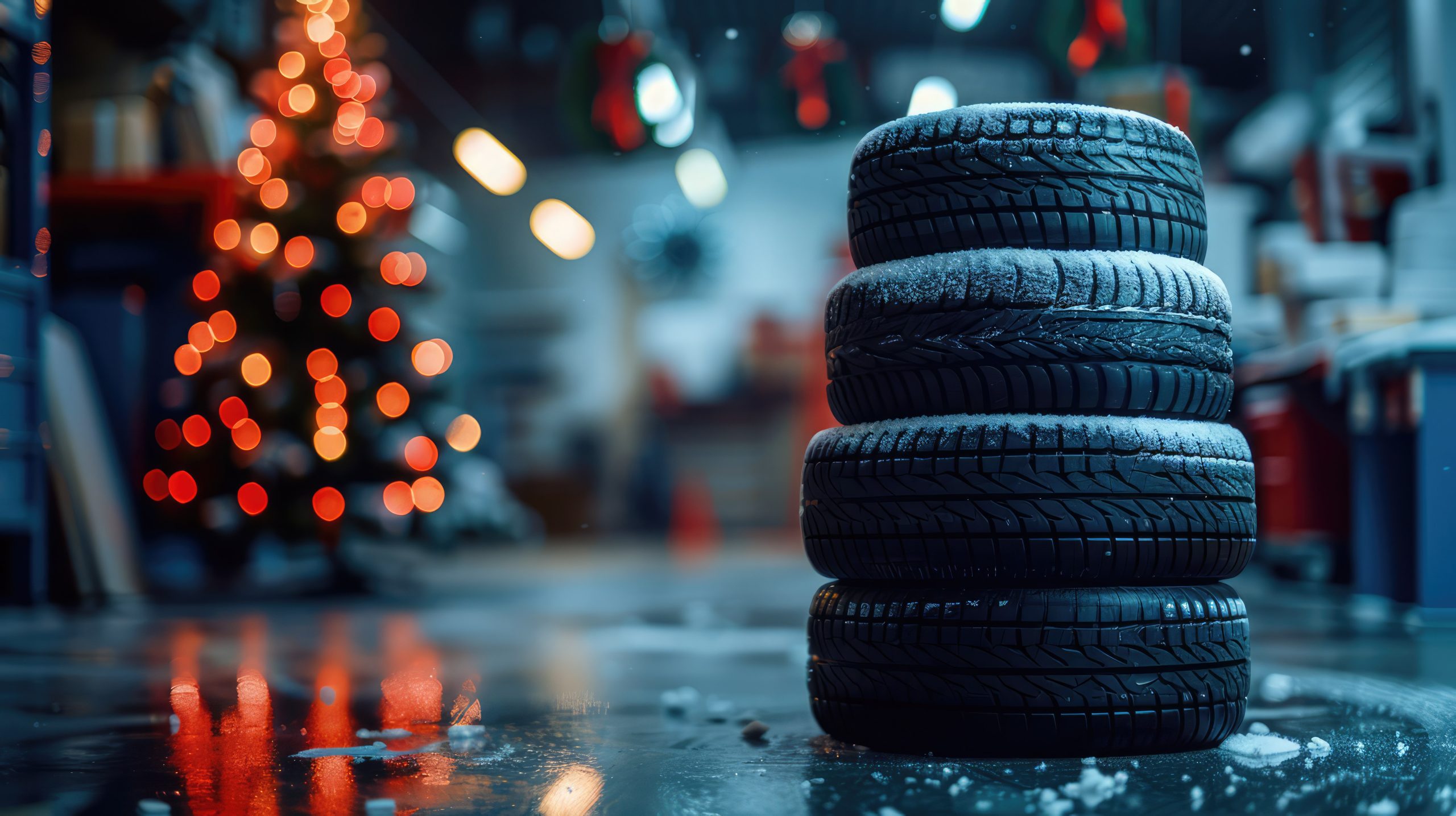 USA Automotive Winter Tire Market Outlook to 2035 christmas-tree-made-car-tires-festive-background-car-repair-shop-garage-tire-shop-scaled