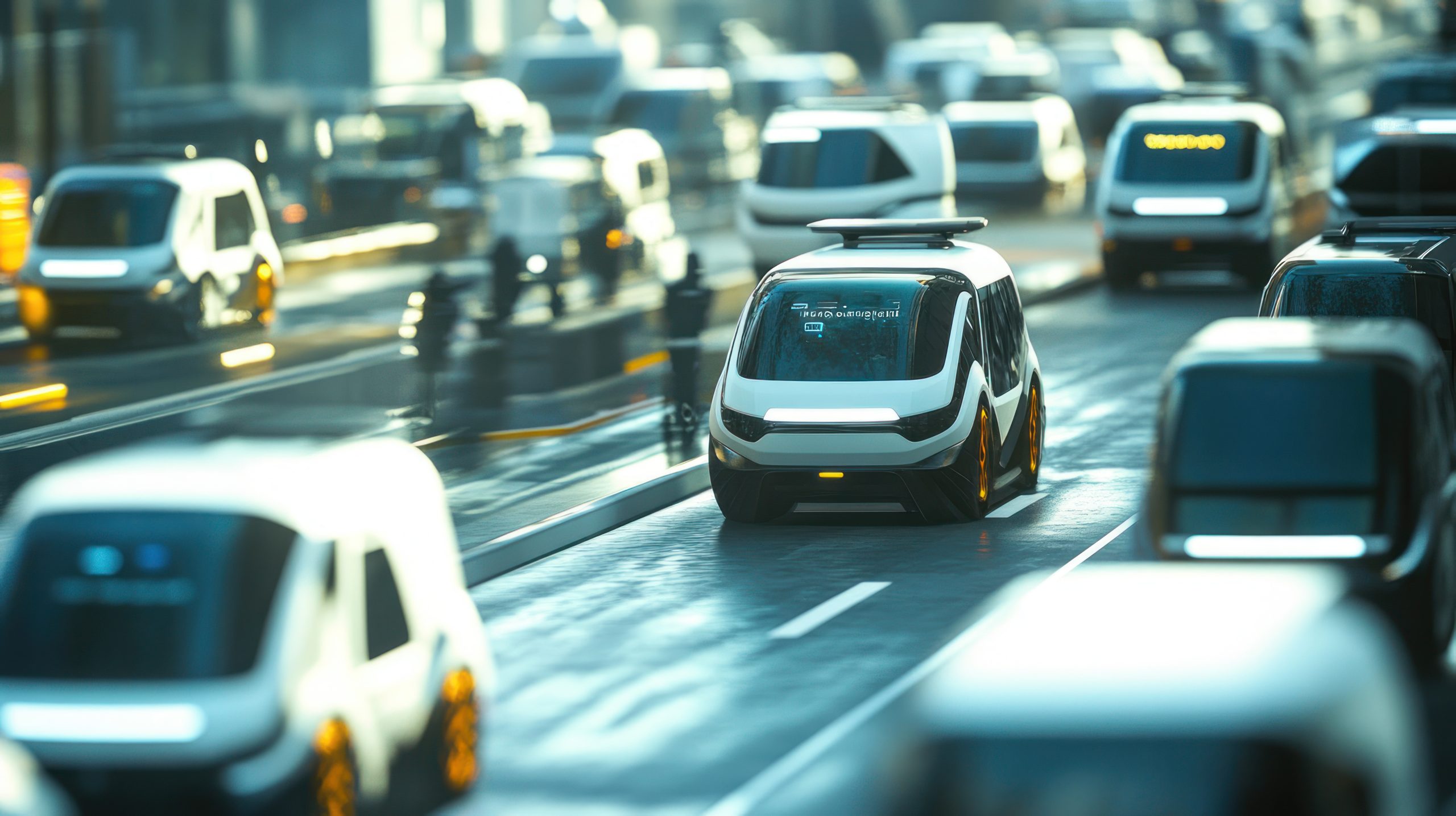 UK Robo-Taxi Market Outlook to 2035 futuristic-white-selfdriving-van-city-traffic-scaled
