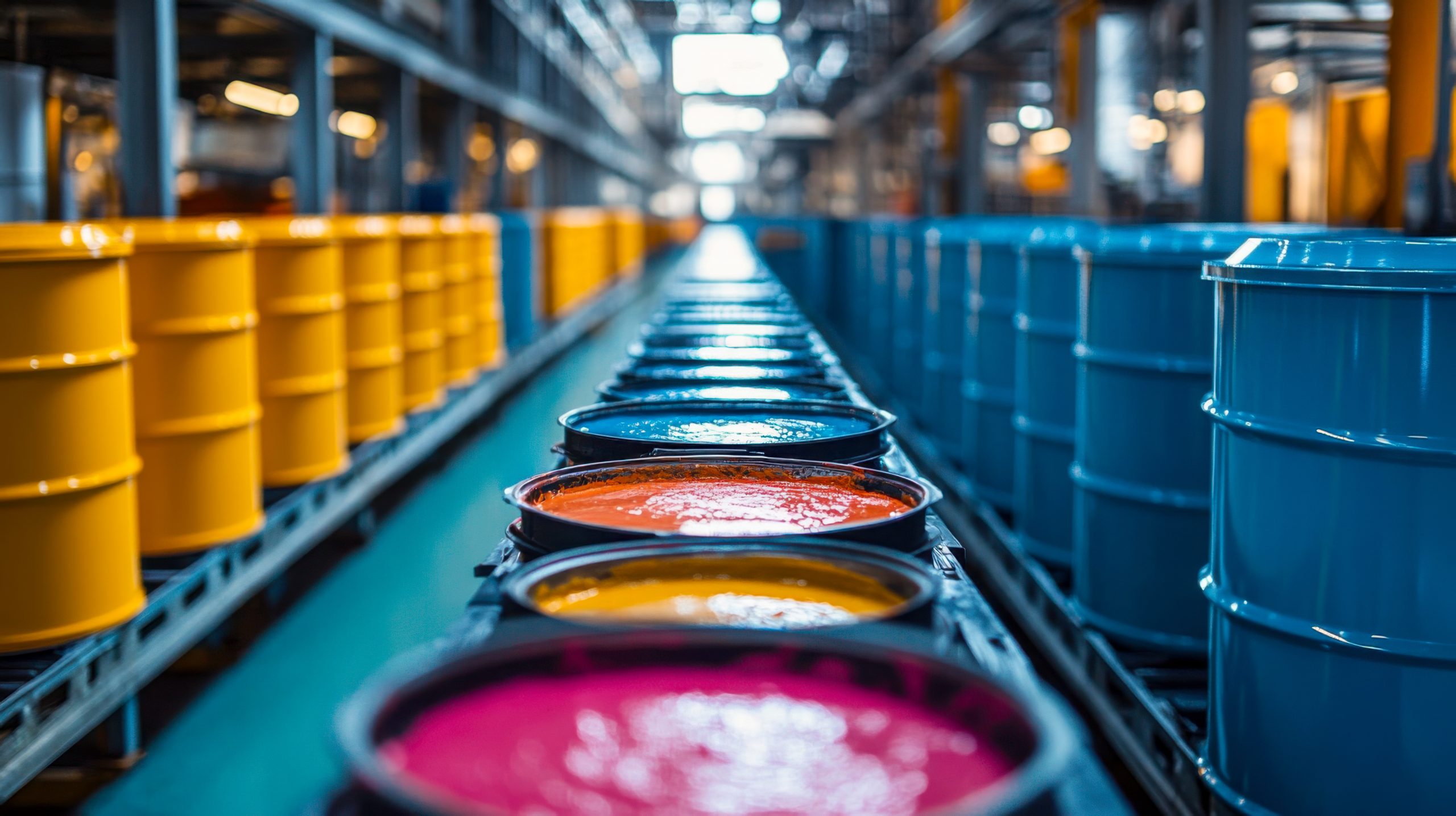 KSA Adhesives and Sealants Market Outlook to 2035 industrial-paint-factory-with-colorful-barrels-lined-up-production-line-scaled