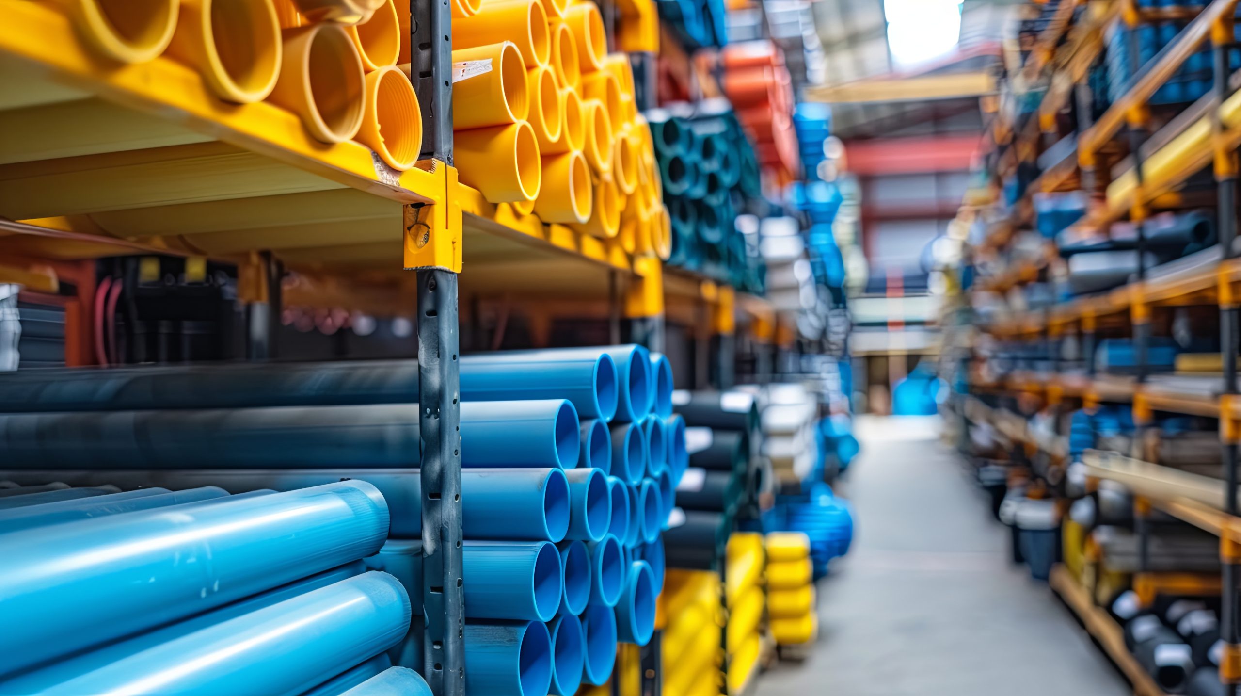 US Plastic Pipes and Fittings Market Outlook to 2035 industrial-warehouse-interior-with-stacks-colorful-pvc-pipes-scaled