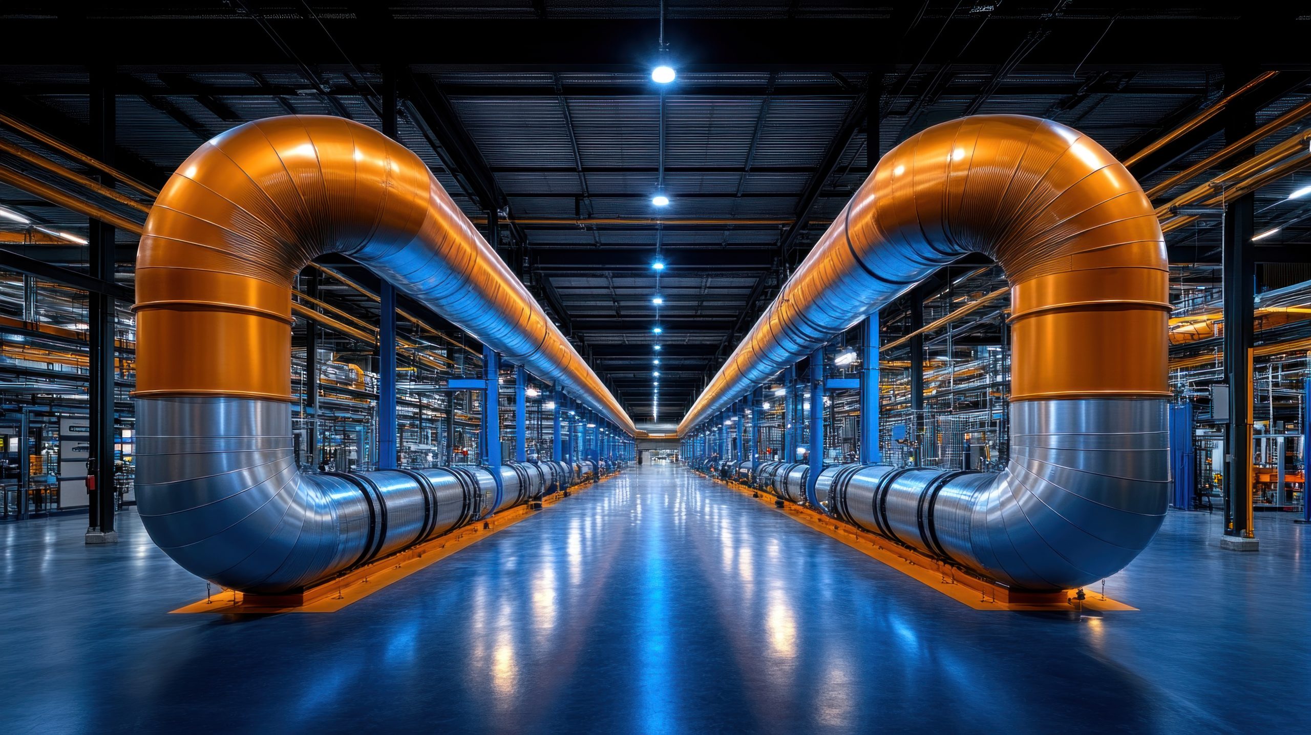 Germany Flexible Pipe Market Outlook to 2035 long-corridors-manufacturing-plant-showcase-metallic-piping-orange-silver-running-parallel-bright-overhead-lights-highlighting-facilitys-industrial-efficiency-scaled