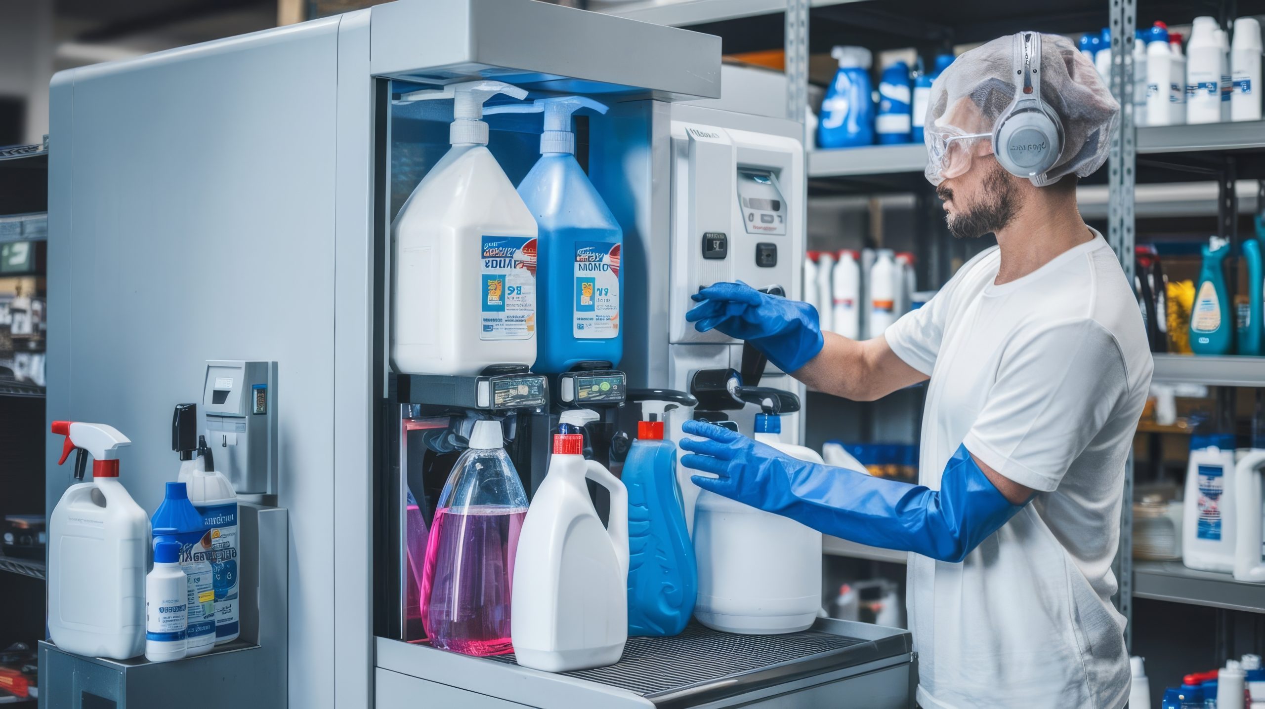 Singapore Disinfectant Products Market Outlook to 2035 technologist-standing-by-automated-machine-with-liquid-soap-products-cleaning-chemicals-scaled