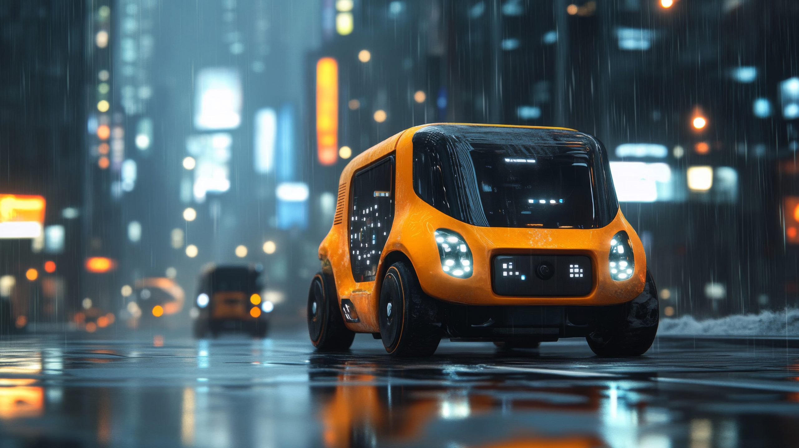 Philippines Robo-Taxi Market Outlook to 2035 yellow-compact-car-driving-rainy-city-night-scaled