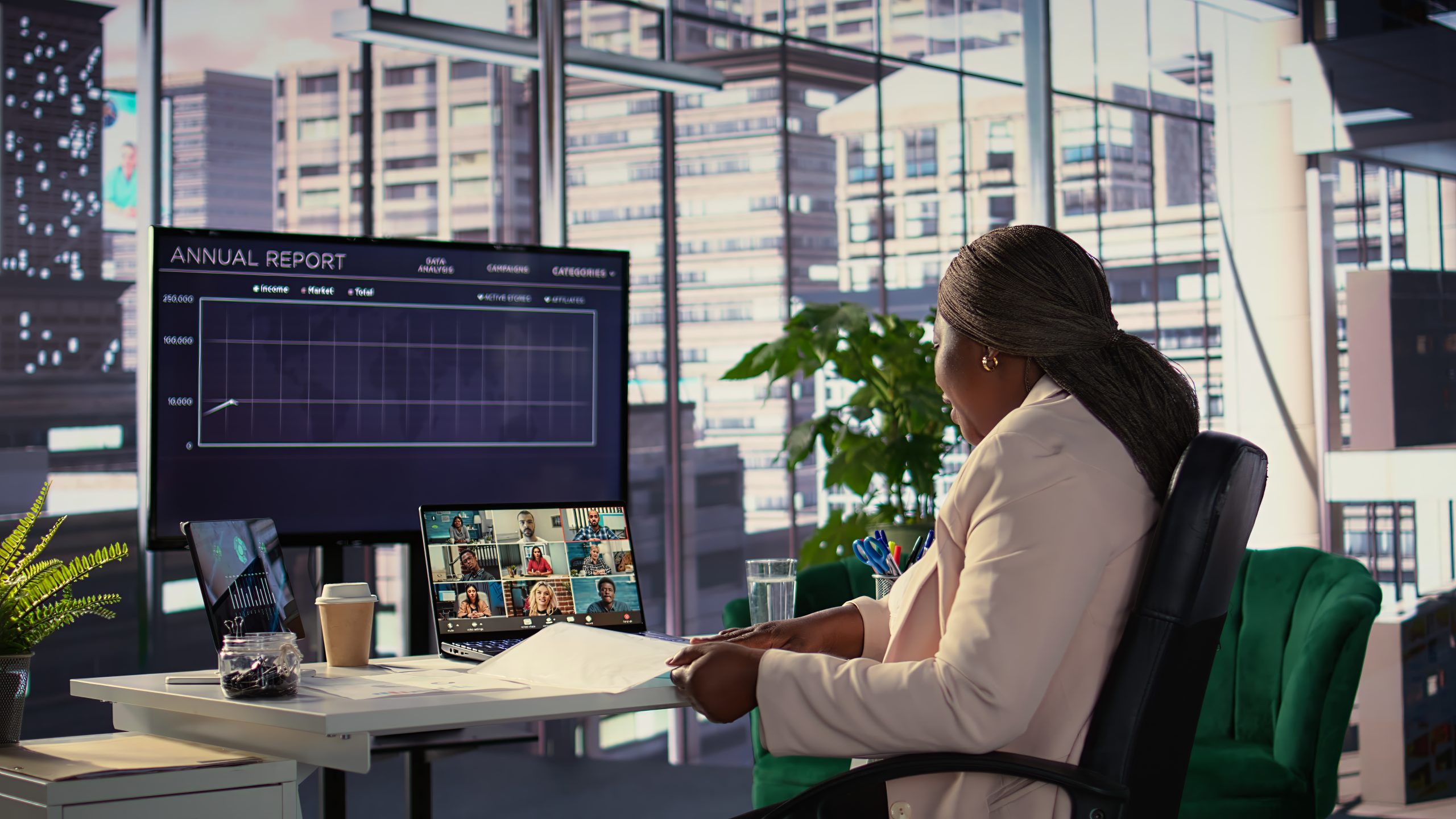 UAE Building Automation System Market Outlook to 2035 ambitious-black-businesswoman-negotiating-with-investors-online-videoconference-scaled